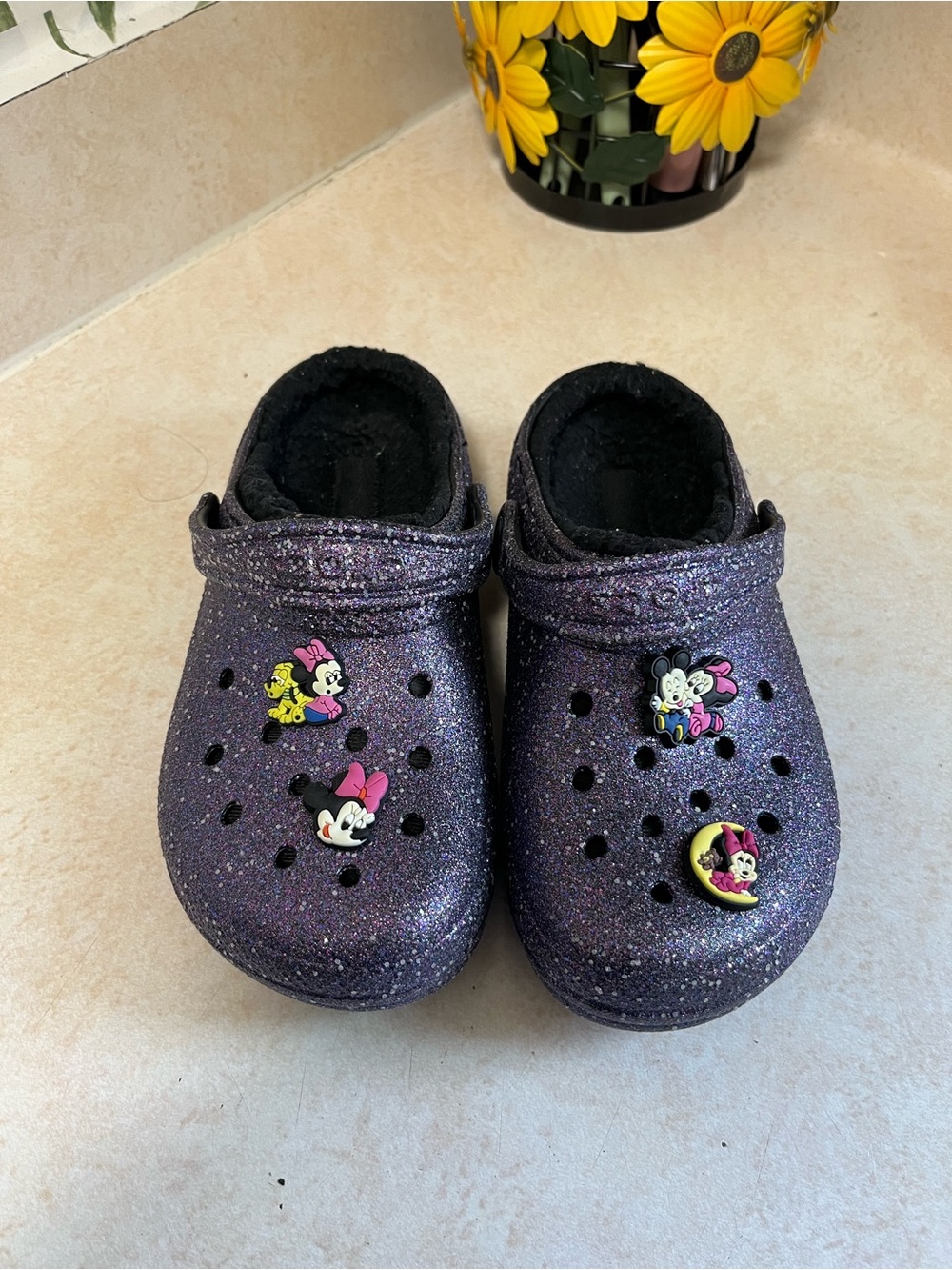 Sparkly Purple Crocs  with charms size 3